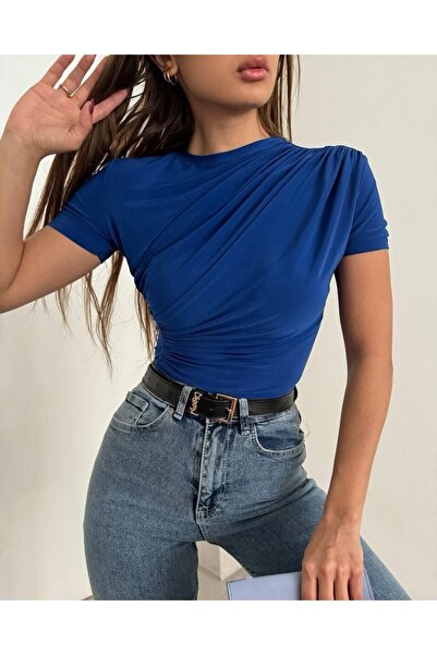 Modamorfo Μπλούζα με κοντό μανίκι με χιαστί κορδόνι - μπλε κοβαλτίου
