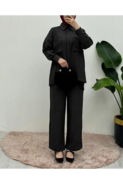 Modamorfo Double Linen Suit with Gusseted Pockets - Black