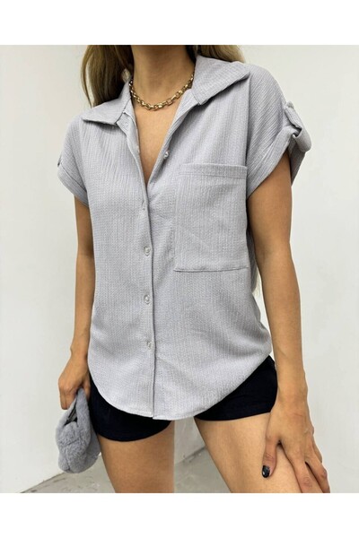 Modamorfo Double Sleeve Single Pocket Wrinkle Shirt - Gray
