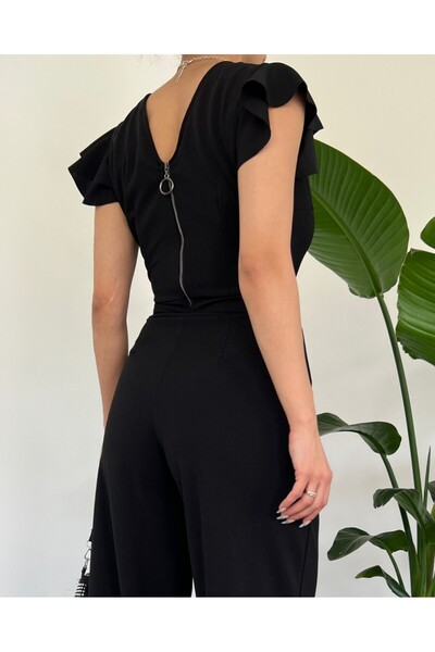 Modamorfo Ruffle Jumpsuit with Zipper Detail - Black