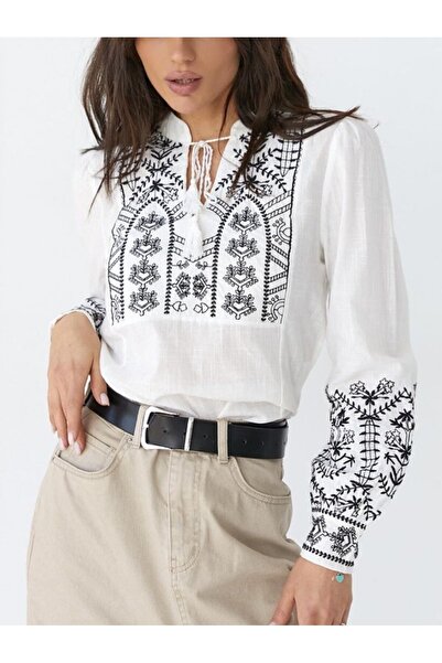 Modamorfo Κεντημένη μπλούζα με μανσέτες με λεπτομέρεια από δαντέλα