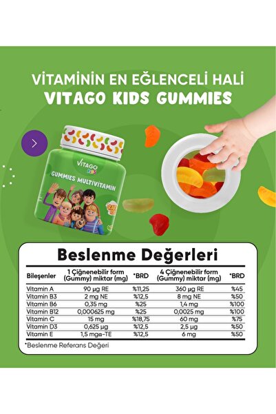 Vitago Kids Gummies Multivitamin Multimineral Içeren 60 Adet Çiğnenebilir Gummy Jel