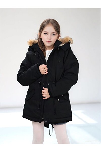 Wild Flower Kapüşonlu İçi Polarlı Uzun Kız Çocuk Kışlık Mont Kaban