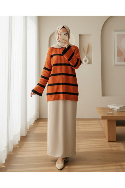 Modamorfo Bő ujjú csíkos kötött pulóver - narancssárga