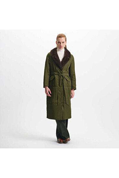 Tergan Haki Tekstil-Kürk Kadın Kürk Kaban - K23IKM320361-Q7V