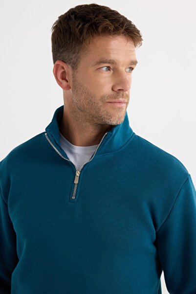 Tudors Unisex Relax Fit Άνετη εφαρμογή Βαμβακερή επένδυση με φλις με μισό φερμουάρ Indigo Di ψηλός λαιμός φούτερ