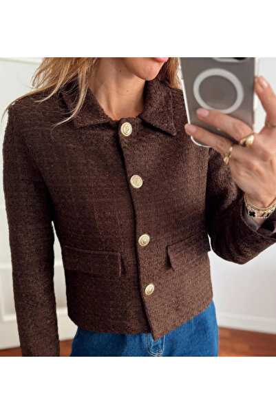 Maldia Shop Women's Gold Buttoned Blazer Brown Tweed Jacket
