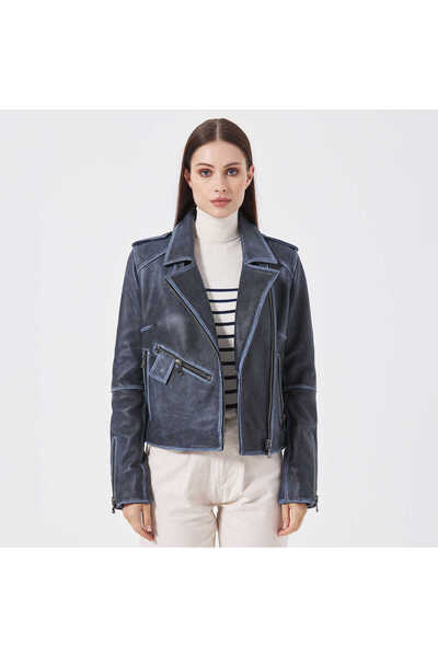Tergan Mavi Hakiki Deri Kadın Deri Biker Mont - K23KDM320402-U1J