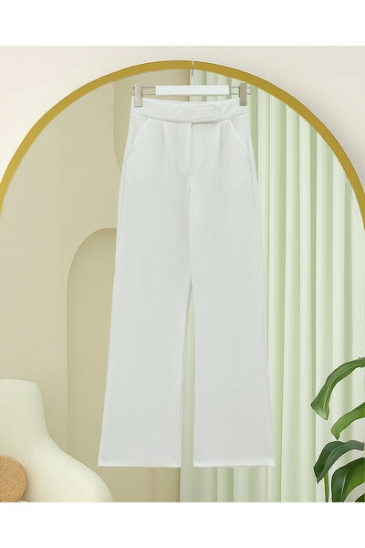 Modamorfo Beli Hook and Loop Detail Pipe Leg Fabric Trousers - White