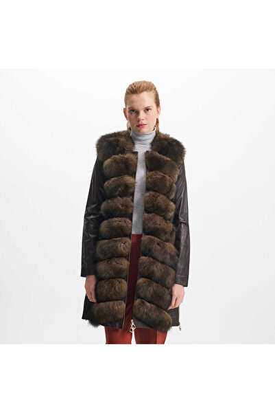 Tergan Kahve Kürk-Deri Kadın Kürk Kaban - K23KKM320382-S1S