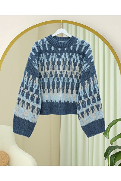 Modamorfo Mixed Pattern Round Neck Knitted Sweater -Indigo