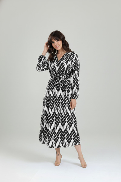 Talvien Bürümcük Kumaş Belden Oturtma Desenli Elbise 2XL-6XL