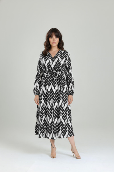 Talvien Bürümcük Kumaş Belden Oturtma Desenli Elbise 2XL-6XL