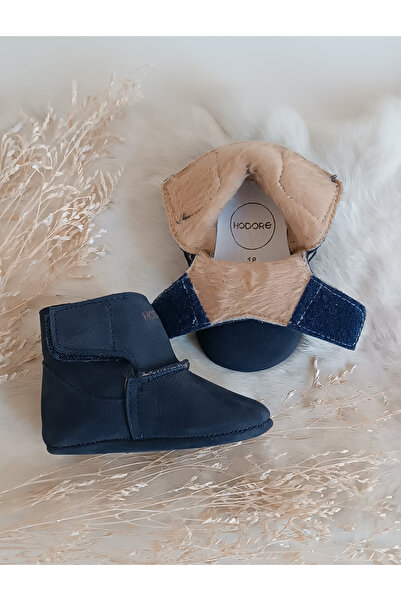 Hodore Lucca Navy Blue Genuine Leather Baby Boots with Fur Inside