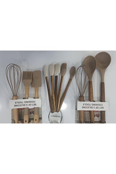 Karaer E Ticaret Ahşap Saplı Silikon Set 11 Parça – Isıya Dayanıklı Spatula, Fırça Kepçe, Kaşık ve Çırpıcı Set