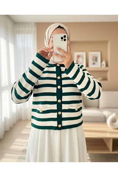 Modamorfo Round Neck Striped Cardigan with Pocket Detail - Emerald