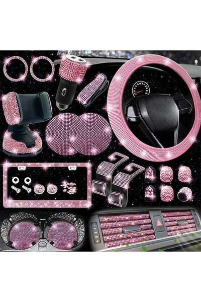 Generic 27-Piece Pink Bling Car Accessory Set for Women, Universal Fit