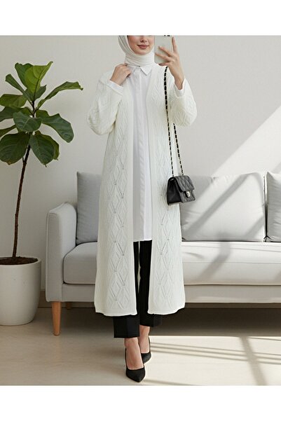 Modamorfo Baklava Pattern Lace-Like Knit Long Knitwear Cardigan -Cream