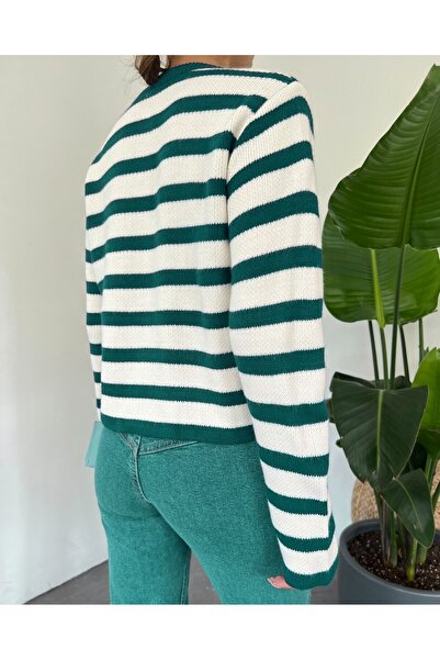 Modamorfo Round Neck Striped Cardigan with Pocket Detail - Emerald
