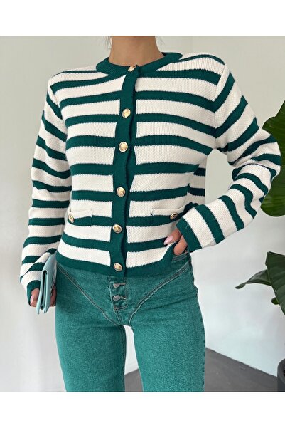 Modamorfo Round Neck Striped Cardigan with Pocket Detail - Emerald