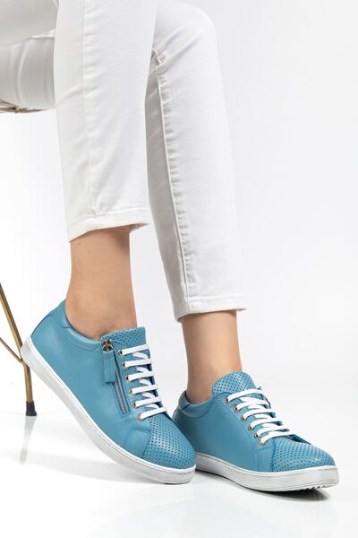 Hayalimdeki Ayakkabı Women's Blue Genuine Leather Perforated Sports Shoes
