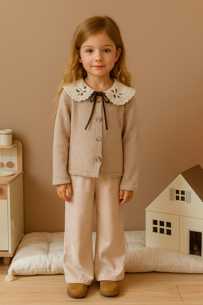 RAPAPA Beige Colored Swan Collar Girls' Knitwear Cardigan and Pants Set 6005