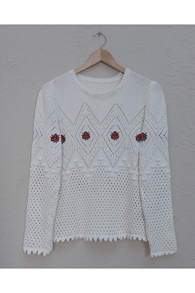 Modamorfo Flower Embroidered Pompom Knitted Sweater - Ecru