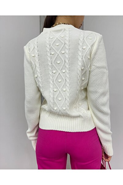 Modamorfo Pompom Flower Embroidered Knitwear Cardigan - Ecru
