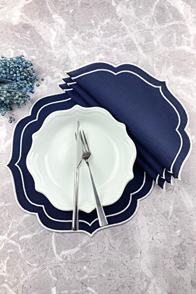 WEARE2 مفرش طاولة مطرز باللون الأزرق الداكن وأبيض مزدوج مكون من 4 قطع