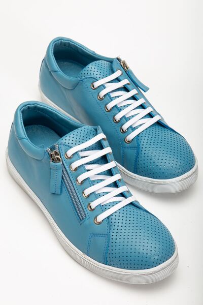 Hayalimdeki Ayakkabı Women's Blue Genuine Leather Perforated Sports Shoes