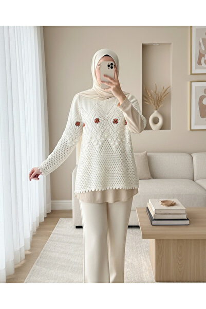 Modamorfo Flower Embroidered Pompom Knitted Sweater - Ecru