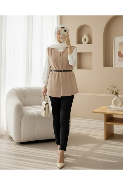 Modamorfo Beli Belted Double Pocket Lined Plush Vest - Beige