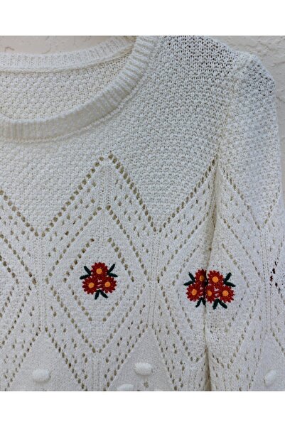 Modamorfo Flower Embroidered Pompom Knitted Sweater - Ecru