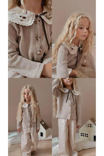 RAPAPA Beige Colored Swan Collar Girls' Knitwear Cardigan and Pants Set 6005