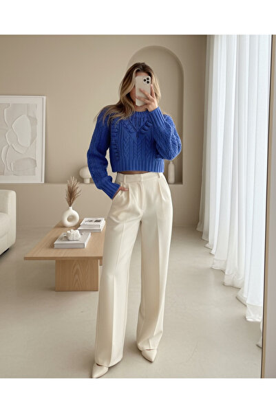 Modamorfo Embossed Patterned Lace-Like Knit Knitwear Sweater -Indigo