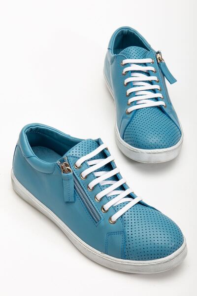 Hayalimdeki Ayakkabı Women's Blue Genuine Leather Perforated Sports Shoes