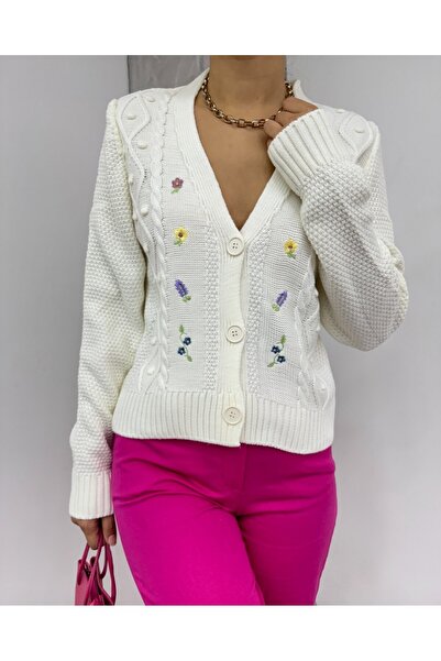 Modamorfo Pompom Flower Embroidered Knitwear Cardigan - Ecru