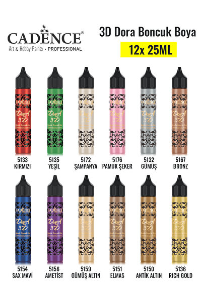 Cadence 3d Boncuk Boya 12 Lı Set 3 / Boyutlu Boya 25 Ml X 12 Adet 3d Boncuk Boya Set