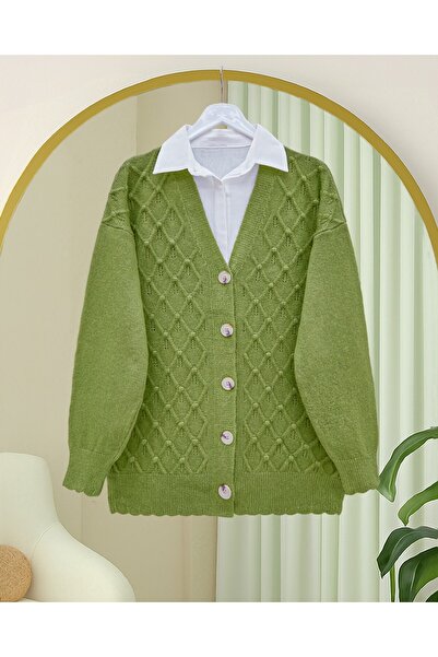 Modamorfo V-Neck Large Button Patterned Knitwear Cardigan -Khaki