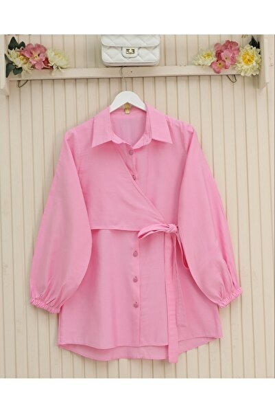 Modamorfo Cross Tie Sleeve Elastic Button Shirt -Pink