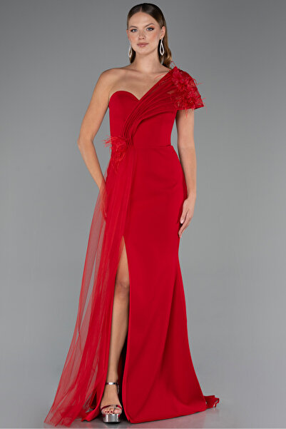 Abiyefon Kırmızı Tek Omuz Çiçek Aksesuarlı Yırtmaçlı Uzun Abiye ABU4969