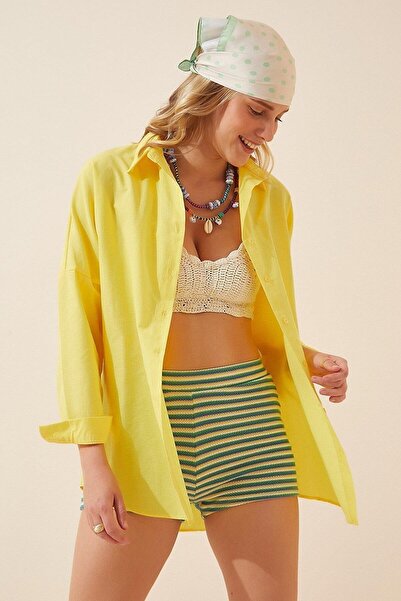 comstar Γυναικείο Oversize Μακρύ Βασικό Κίτρινο Πουκάμισο