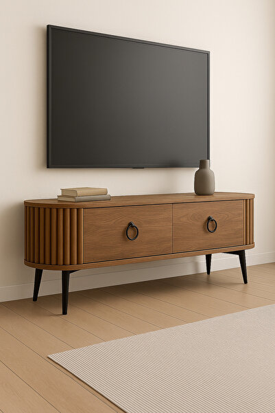 Genel Markalar Özel Tasarımlı 2 Çekmeceli Ayaklı Oval Şık Çıtalı Modern TV Ün...