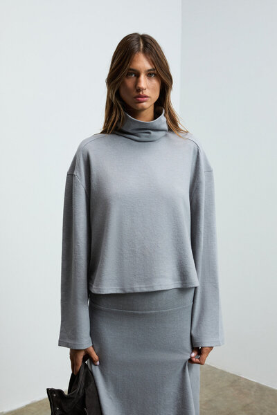 GRIMELANGE Ploruns women's soft and flexible fabric fisherman collar grey sweatshirt