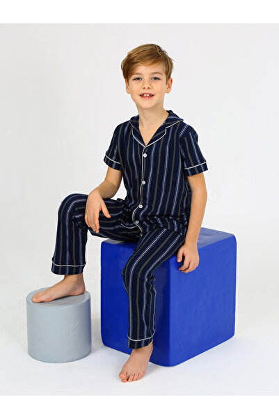 vitmo Fiú rövid ujjú gombos pizsama szett Atlas Model Indigo