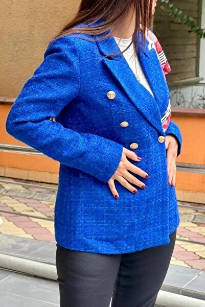 Suziş Сакс синьо туидно палто с златни копчета, подплатено, с двойно закопчаване key35793