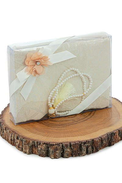 ihvan online Dowry Prayer Rug Set with Gift Box and Pearl Prayer Beads Suitable for Bride and Groom Bundle Cream
