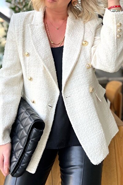 Suziş Жіночий білий твідовий блейзер з підкладкою, золотими ґудзиками та подвійним перехрещенням