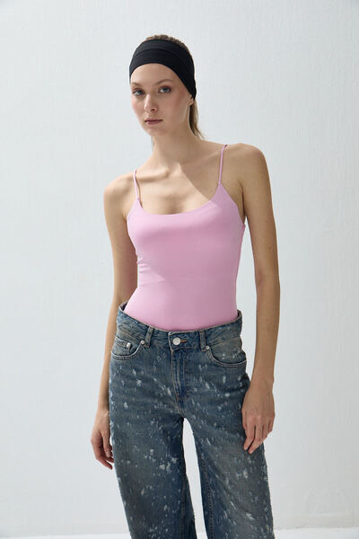 TUBİA Women's pink color strap snap-on bodysuit