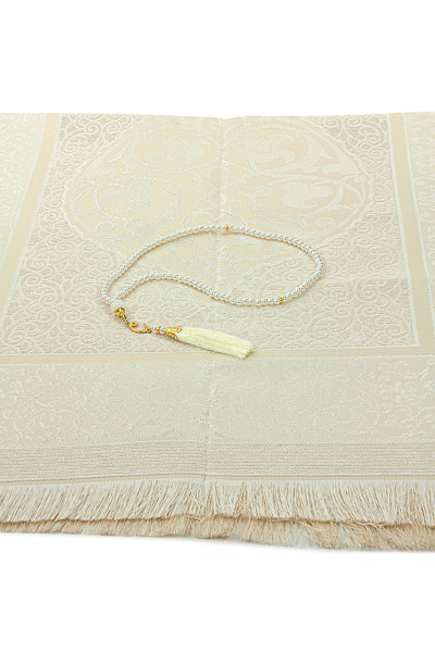 ihvan online Dowry Prayer Rug Set with Gift Box and Pearl Prayer Beads Suitable for Bride and Groom Bundle Cream